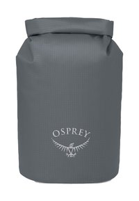Borsa impermeabile grigia con chiusura a rotolo e logo Osprey che presenta un uccello stilizzato con le ali spiegate, progettata per la conservazione resistente all'acqua.