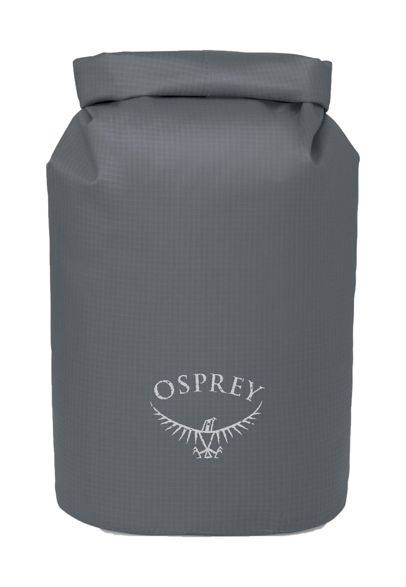 Borsa impermeabile grigia con chiusura a rotolo e logo Osprey che presenta un uccello stilizzato con le ali spiegate, progettata per la conservazione resistente all'acqua.