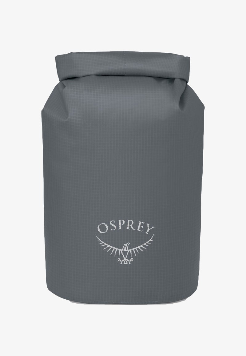 Borsa impermeabile grigia con chiusura a rotolo e logo Osprey che presenta un uccello stilizzato con le ali spiegate, progettata per la conservazione resistente all'acqua.