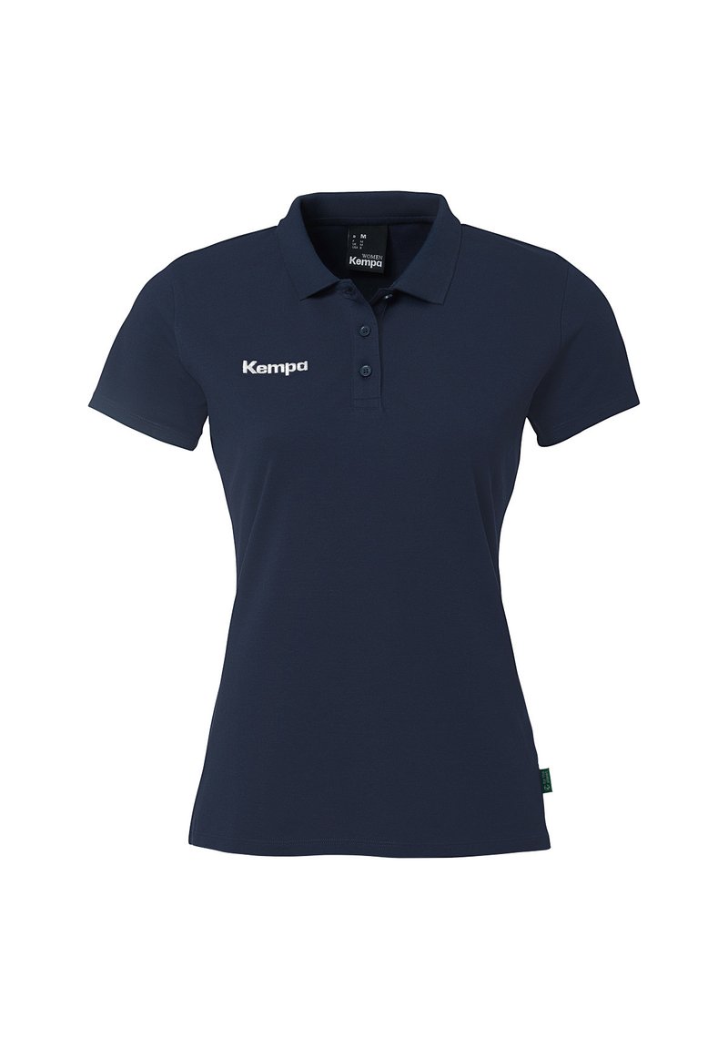 Marineblauwe polo gemaakt van katoen, met een klassieke kraag, drie knopen en een wit "Kampa" logo op de linkerkant van de borst.