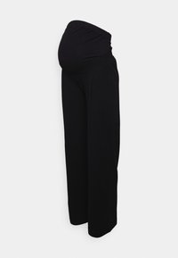 Black maternity pants with a stretchy waistband for belly support. Wide-leg design for comfort. Made from soft, breathable fabric.