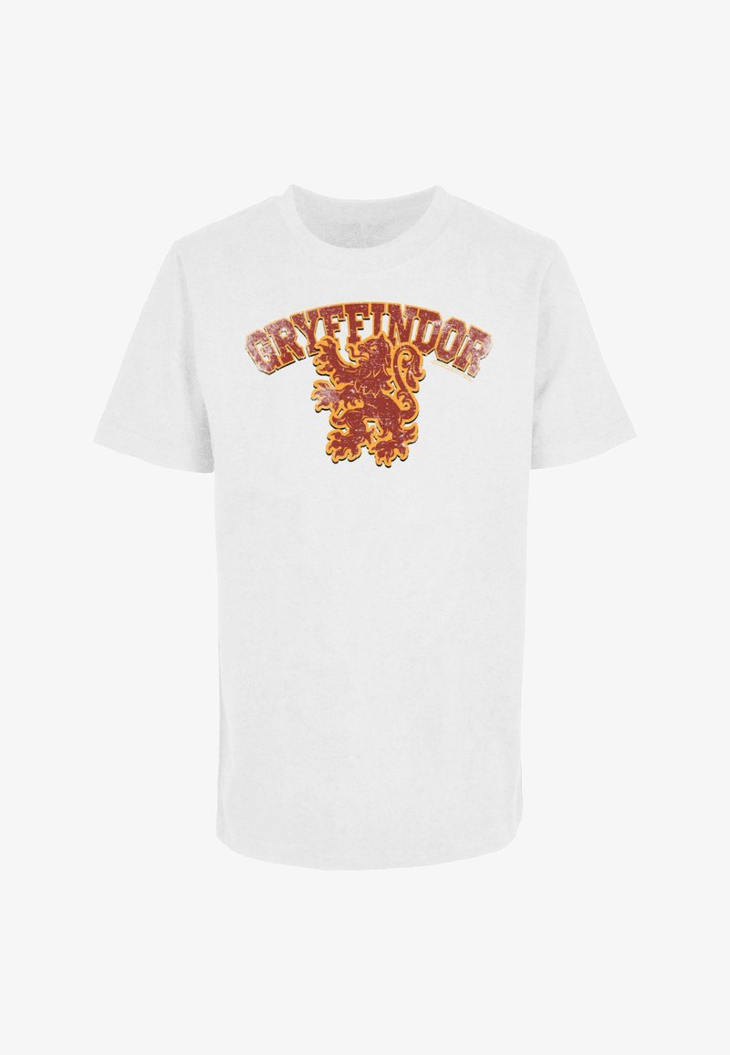 Valkoinen puuvillapaita, jossa on punainen ja kulta "Gryffindor" -kirjonta sekä kuluneen tyylinen leijonagraafikka. Lyhyet hihat, crew neck -muotoilu.