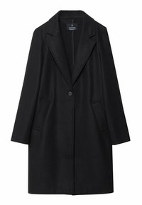 Zwart enkel-knop lang wollen jas met ingeklapte revers en twee schuine voorkeurszakken, tentoongesteld op een witte achtergrond.