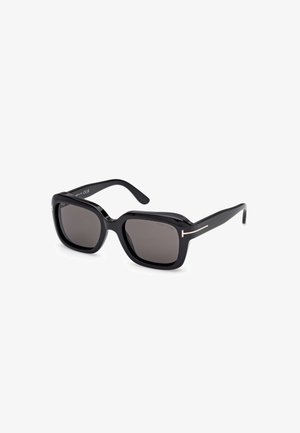 Óculos de sol pretos em forma de quadrado com lentes escuras, armação em plástico brilhante e detalhes em tom de ouro nos templos.