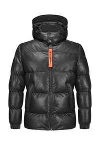 Schwarze gepolsterte Lederjacke mit Kapuze, Frontreißverschluss, elastischen Bündchen, Seitentaschen und orangefarbener Reißverschlusszug mit der Aufschrift "MILESTONE."