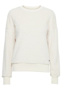 Hvit fleece genser med en myk, teksturert overflate, ribbestrikkede mansjetter og liv; har en avrundet halslinje og synlige sømdetaljer.