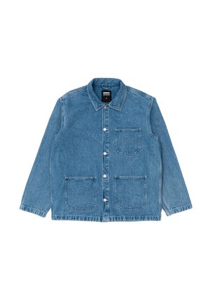 Leren jack in lichtblauw, met een knopsluiting aan de voorkant, twee voorzakken en een klassieke kraag. Gelaagde stof met zichtbare stikdetails.