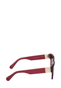 Fyrkantiga solglasögon med burgundy plastbågar och mörka linser. Guldtonade metallaccenter på gångjärnen. Slät, blank yta.