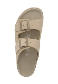 Beige suede sandal with two adjustable buckles, cushioned footbed, rounded toe, and a textured outsole for grip. Size 37 indicated inside.