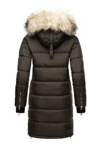 Padded brown parka with a fur-trimmed hood, zippered side pockets, and black knit cuffs. Features a smooth texture and modern design.