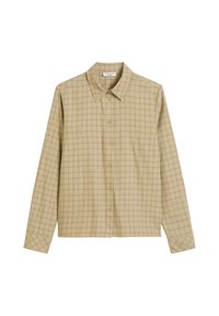 Camicia beige con bottoni e colletto, caratterizzata da un motivo a quadri in tonalità beige scuro e verde. Maniche lunghe con polsini con bottoni.