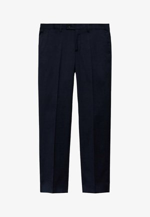 Pantaloni bleumarin cu fronți plat, textură țesută, pliu singular și închidere standard cu nasture la talie. Design croiți.