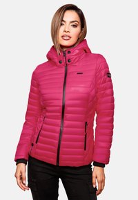 Fuchsia puffer jacket with a zippered front, black accents, a high collar, and a quilted design. Features two side pockets.