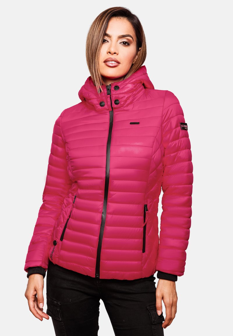 Fuchsia puffer jacket with a zippered front, black accents, a high collar, and a quilted design. Features two side pockets.