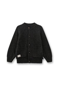 Dunkelgrauer gestrickter Cardigan mit Rundhalsausschnitt, Knopfverschluss, zwei vorderen Taschen, gerippten Bündchen und Saum, versehen mit einem kleinen Etikett auf der Vorderseite.