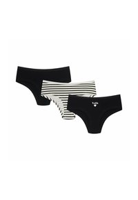 Zestaw trzech majtek damskich: dwie w kolorze czarnym i jedna w białe paski. Miękka tkanina, średni stan oraz prosta detal z logo na jednej z par.