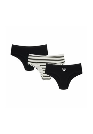 Zestaw trzech majtek damskich: dwie w kolorze czarnym i jedna w białe paski. Miękka tkanina, średni stan oraz prosta detal z logo na jednej z par.