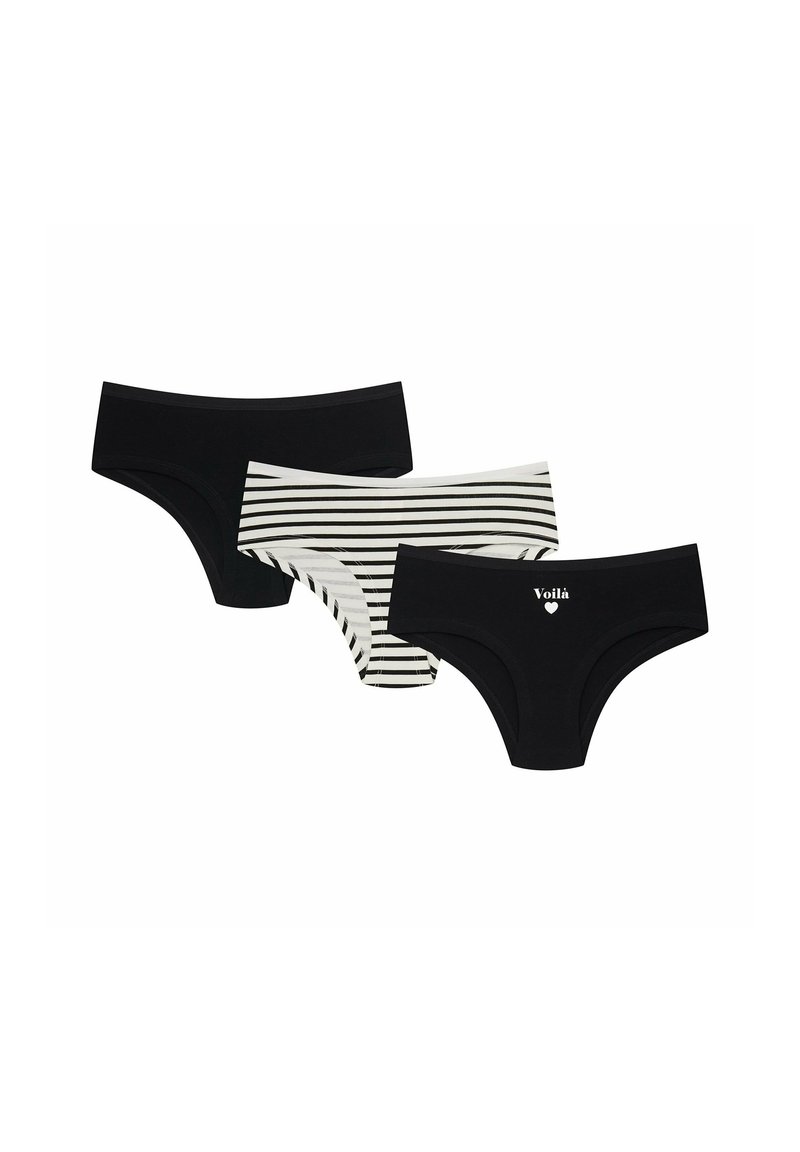 Zestaw trzech majtek damskich: dwie w kolorze czarnym i jedna w białe paski. Miękka tkanina, średni stan oraz prosta detal z logo na jednej z par.