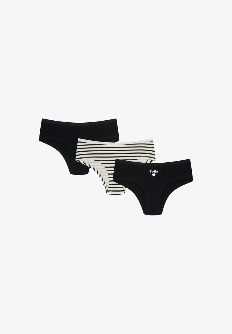 Set mit drei Damenunterhosen: zwei einfarbig schwarz und eine weiß mit schwarzen Streifen. Weicher Stoff, mittelhoher Schnitt und einfache Logodetail auf einer.