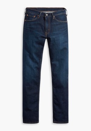 Dunkelblaue Jeans mit geradem Bein, klassischem Fünf-Taschen-Design, Knopf- und Reißverschluss sowie orangefarbenen Nähten.