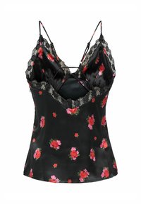 Zwarte satijnen cami met bloemenprint, voorzien van verstelbare bandjes met kanten rand, fijne kanten accenten en een gladde, licht vloeiende textuur.