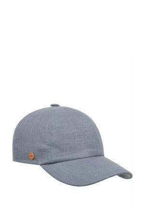 Light blue textured fabric baseball cap with curved brim and small round metal logo on the side against a white background.