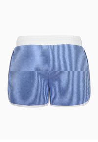 Pruhované modré plavecké šortky s bílým elastickým pasem. Mají boční ventilační otvory a jemnou, hladkou texturu.