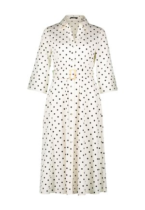 Button-up dress in cream with black polka dots, three-quarter sleeves, a belted waist with a square buckle, and a flowing silhouette.