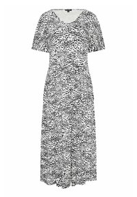 Schwarz-weißes Kleid mit kurzen Schmetterlingsärmeln, tiefem V-Ausschnitt und einem abstrakten gesprenkelten Muster. Hergestellt aus weichem, leichtem Material.