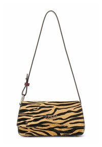 Borsa a tracolla a strisce tigri nera e gialla con una texture liscia, dotata di un logo dorato e di una sottile tracolla regolabile.