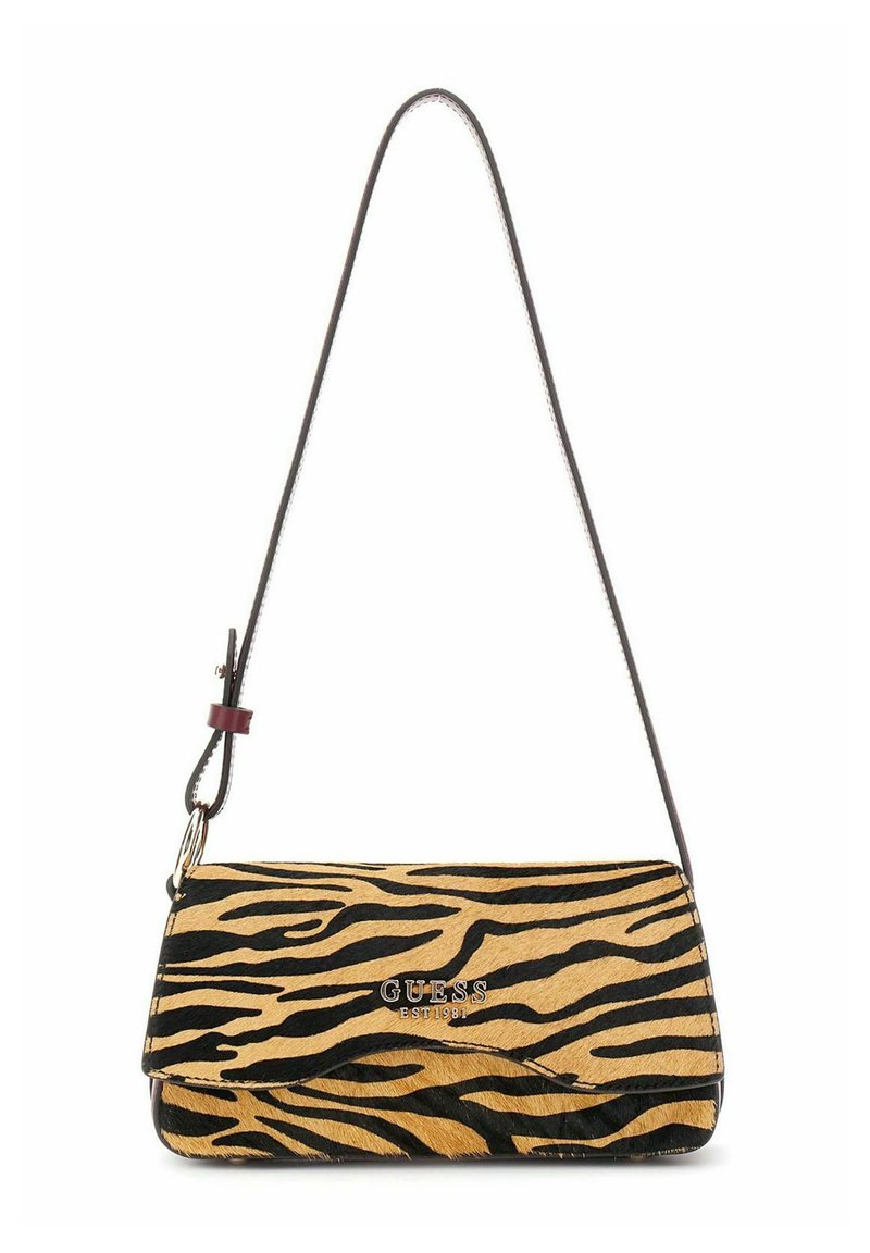 Borsa a tracolla a strisce tigri nera e gialla con una texture liscia, dotata di un logo dorato e di una sottile tracolla regolabile.