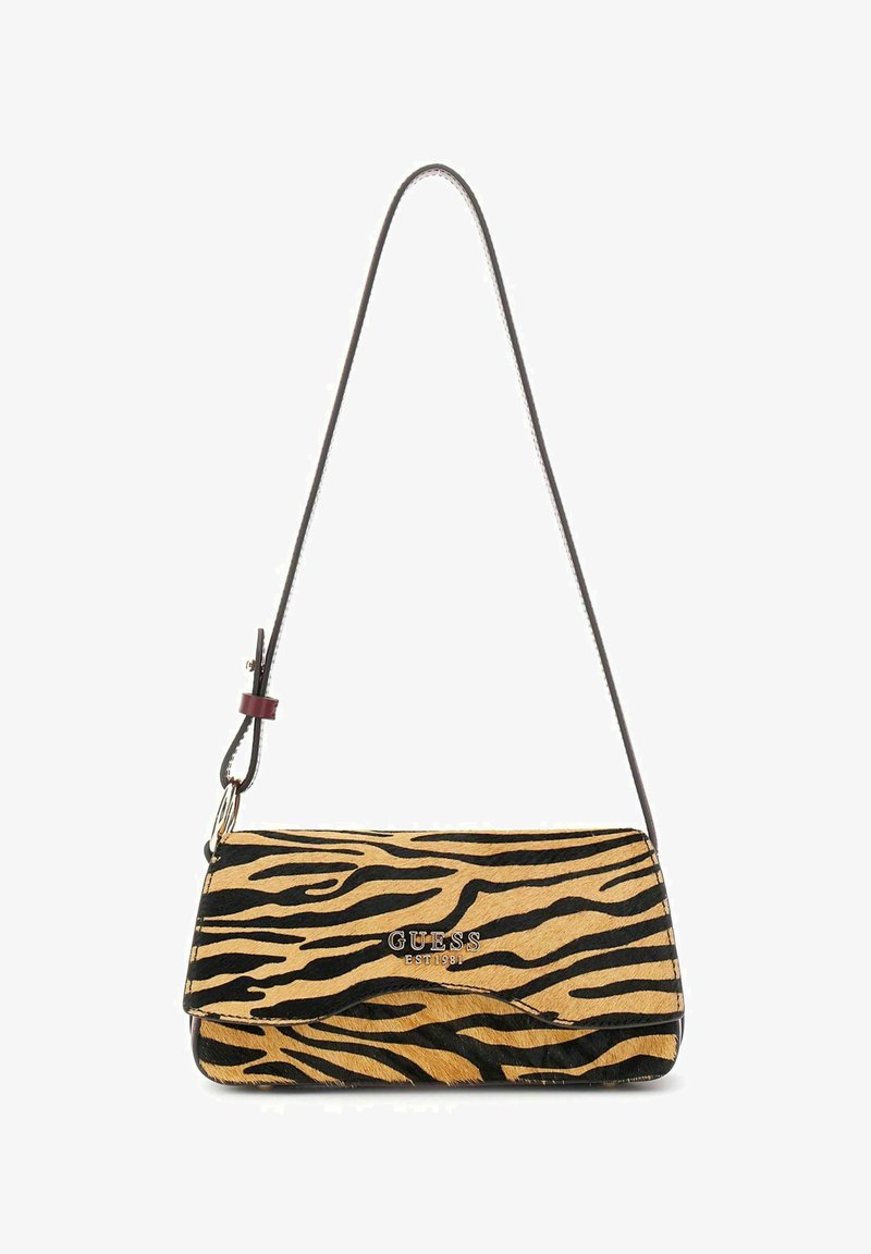 Borsa a tracolla a strisce tigri nera e gialla con una texture liscia, dotata di un logo dorato e di una sottile tracolla regolabile.