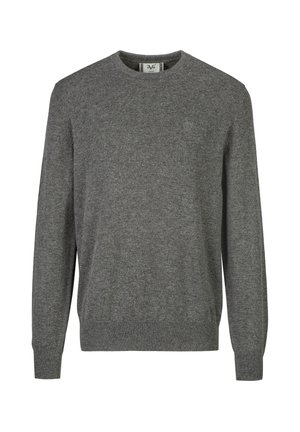 Grauer Pullover mit langen Ärmeln und Rundhalsausschnitt, mit gerippten Bündchen und Saum, mit einem kleinen bestickten Logo auf der linken Brust.