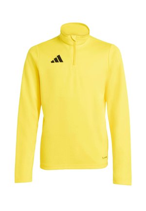 Gul langærmet sportspullover med kvart lynlås og sort Adidas-logo på venstre bryst.