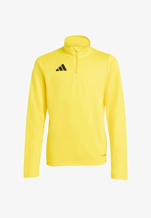 Gul langærmet sportspullover med kvart lynlås og sort Adidas-logo på venstre bryst.