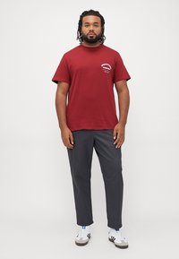 Rød bomulds t-shirt med korte ærmer og grafisk print, parret med grå bukser og hvide lave sneakers med blå striber.