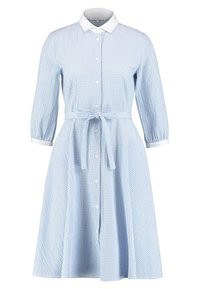 Ljusblå rutig klänning med vit krage och manschetter, knäppning fram, trekvartsärmar och en knytbälte i midjan.