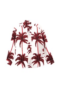 Camicia a maniche corte con sfondo bianco e stampa di palme rosse. Presenta apertura con bottoni e colletto. Realizzata in tessuto leggero.
