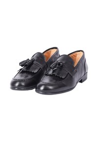 Mocassini neri in pelle con punta arrotondata, nappine decorative sulla parte frontale e un tacco piccolo. Rivestimento interno beige.