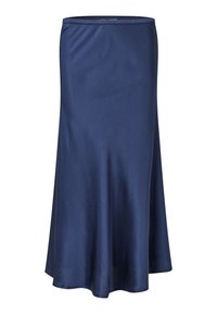 Navyblaue Satinrock mit glatter Textur, ausgestelltem Schnitt und elastischem Bund. Mittel-lang mit einem subtilen Glanz und ohne Muster.