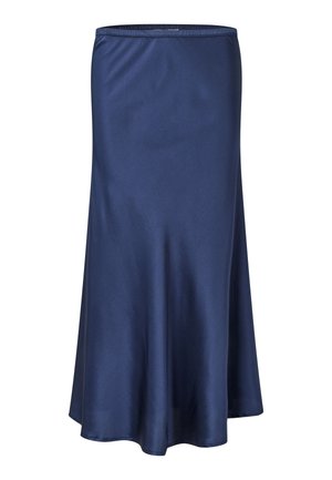 Jupe en satin bleu marine avec une texture lisse, longueur genou, design évasé et une taille élastique pour le confort.