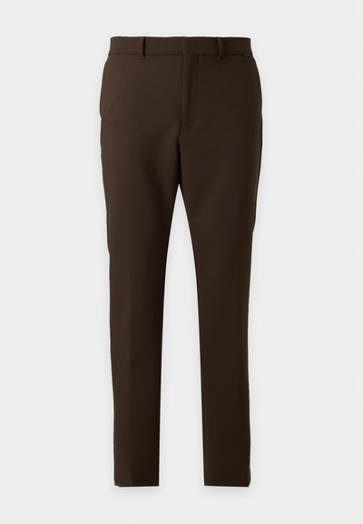 Pantalon droit marron foncé avec passants de ceinture et fermeture éclair, présenté à plat sur un fond clair.