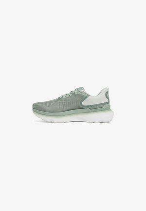 Scarpa da corsa con tomaia in mesh di colore verde chiaro e bianco. Presenta una suola ammortizzata e un tallone arrotondato per un comfort migliorato.