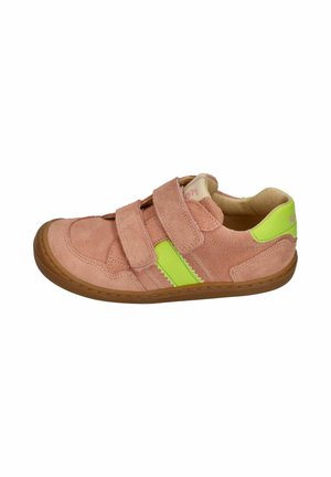 Child’s pink suede sneaker with neon green accents, two Velcro straps, and brown rubber sole, shown from the outer side.
