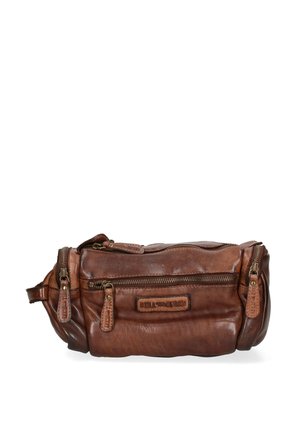 Brown leather bag with a soft texture, featuring multiple zippered compartments and a branded patch on the front. Adjustable strap included.