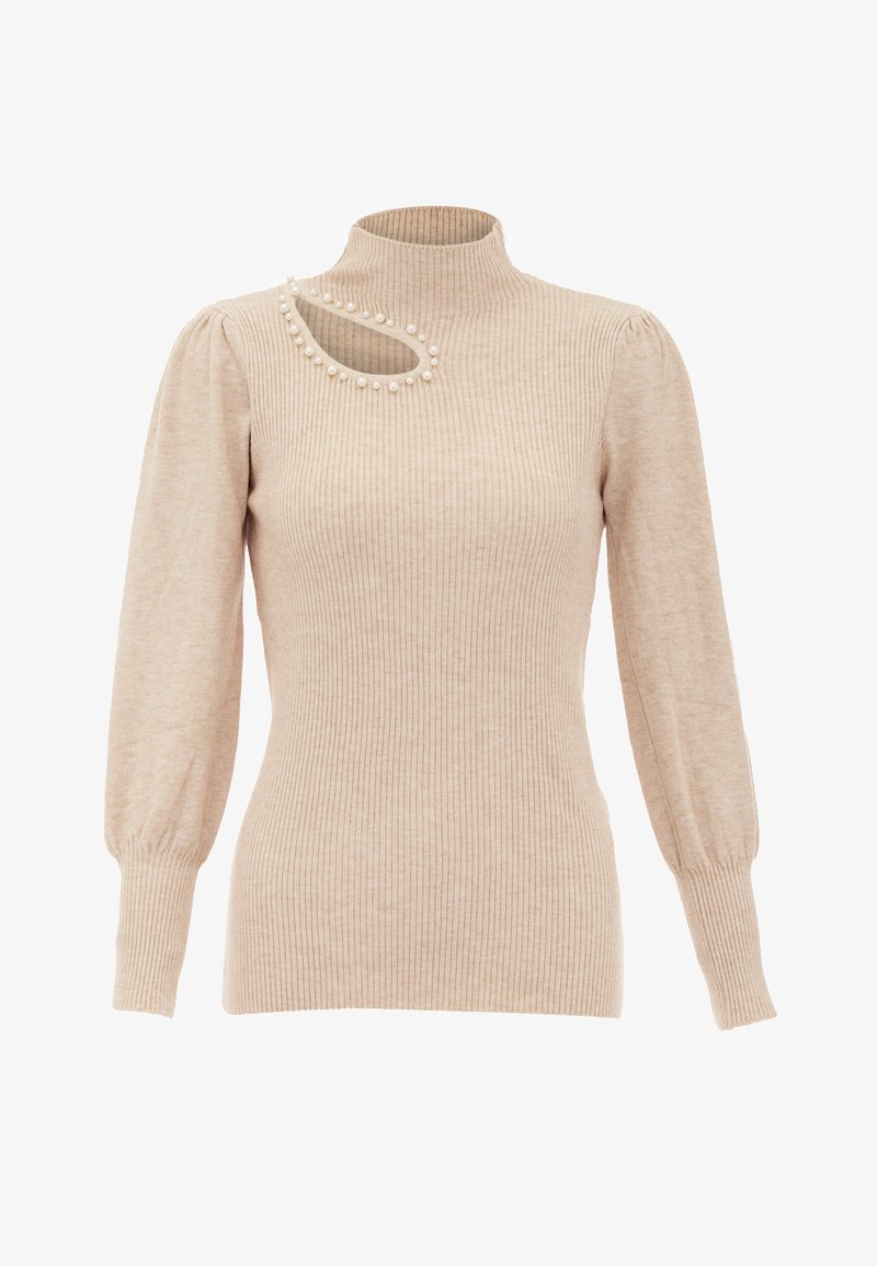 Pulover bej tricotat cu guler înalt, textură cu nervuri și mâneci bufante. Are o decupare cu accesorii din perle în jurul decolteului.