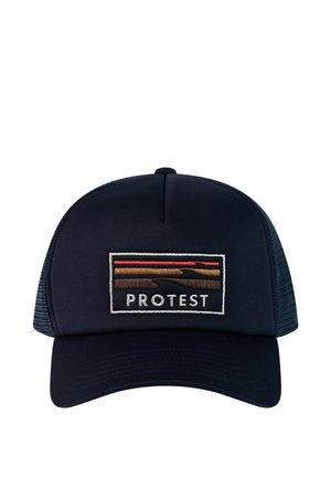 Navy blue trucker cap with mesh back and front patch showing stylized brown and red lines above the word “PROTEST.”