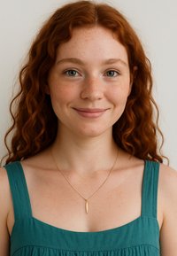 Guldvedhængs kæde båret af en person med rødt bølget hår, prydet med en simpel forlænget form. Personen har en teal tanktop på.