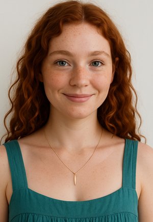 Orecchino d'oro indossato da una persona con capelli rossi e ondulati, caratterizzato da una forma semplice ed allungata. La persona indossa un top senza maniche di colore teal.