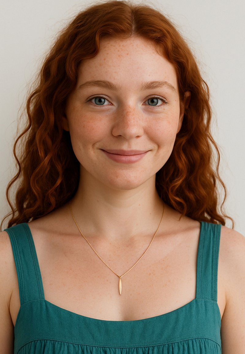 Guldvedhængs kæde båret af en person med rødt bølget hår, prydet med en simpel forlænget form. Personen har en teal tanktop på.